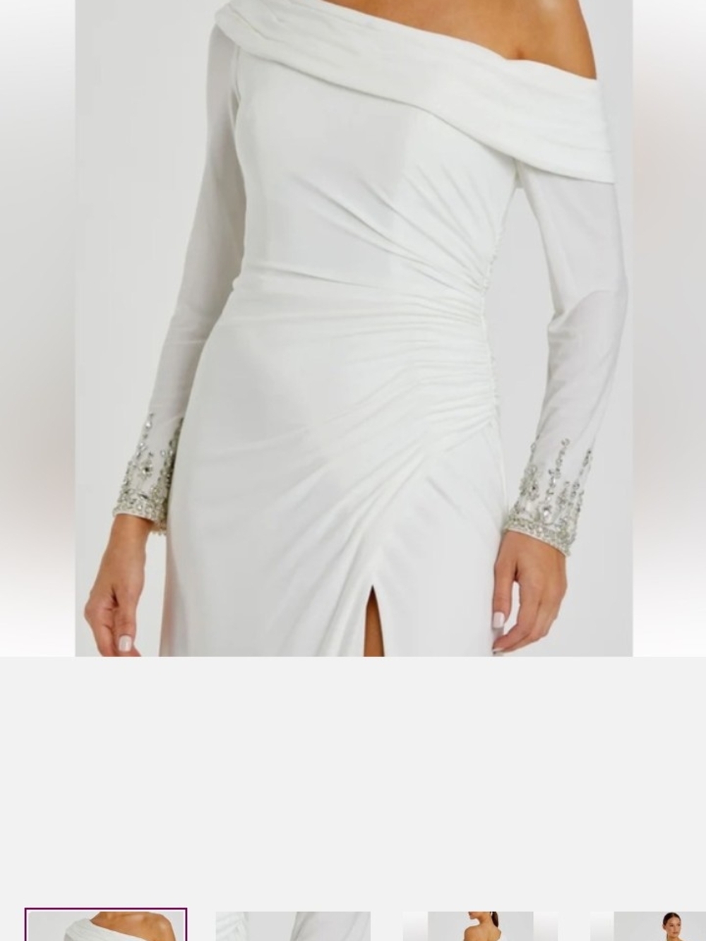 Mac Duggal White One-Shoulder Evening Gown with Embellished Cuffs